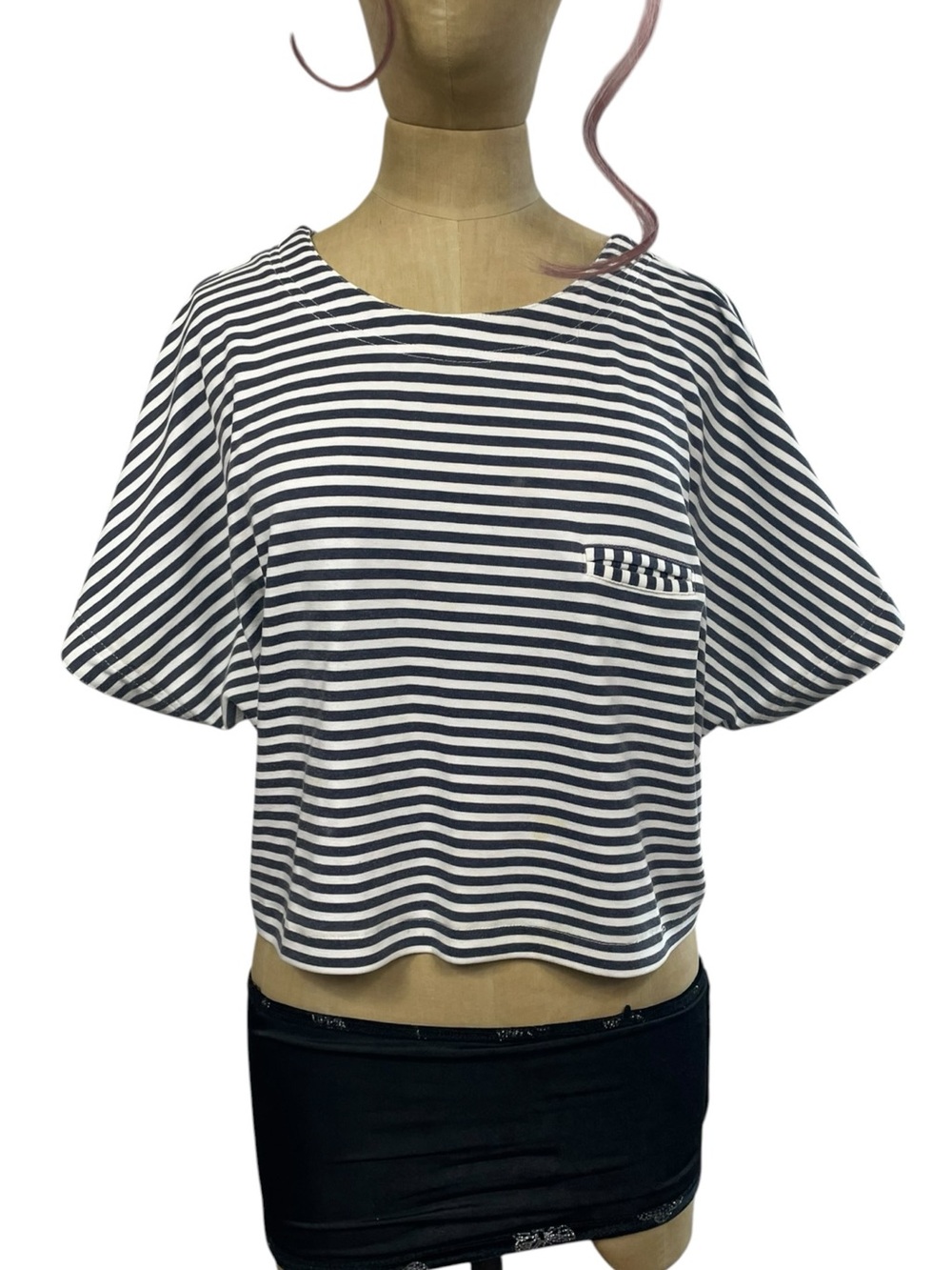 Vintage Together! Navy Striped Cropped Boxy Tee Top L 90s Y2K Indie Sleaze
